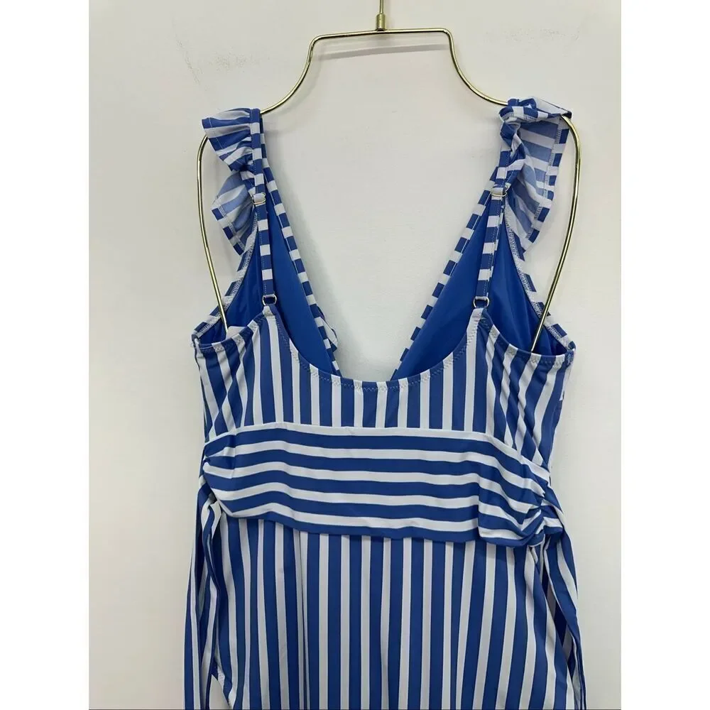 Vineyard Vines Women’s Blue and White Sail Stripe Ruffle One-Piece Swimsuit